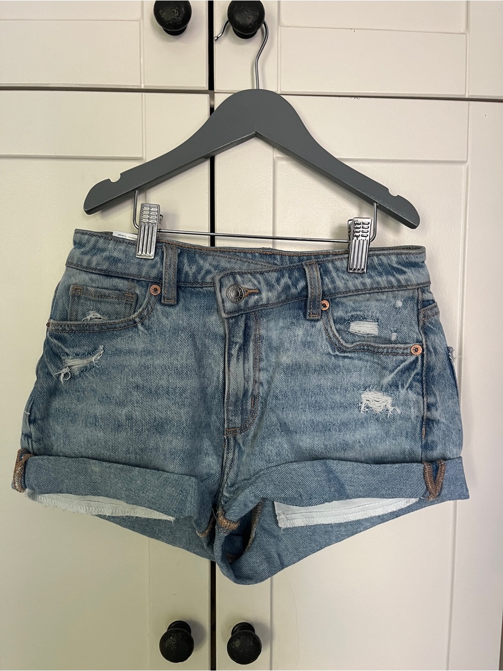 American Eagle Outfitters Light Blue Distressed Rolled-Hem Jean Shorts